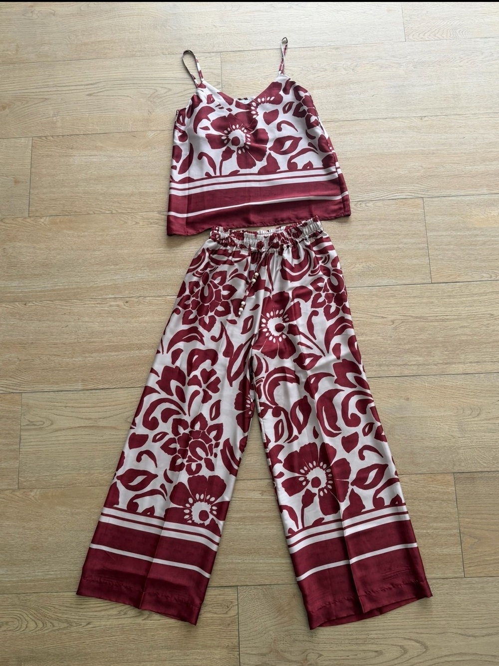 Floral Wide-Leg Two-Piece Set in Burgundy and Cream - Picture 1 of 7